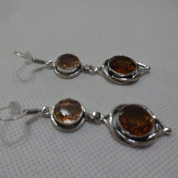 Beautiful "AMBER TOPAZ & MORGANITE" Handmade Sterling Dangle Earrings #759A - Picture 3 of 3